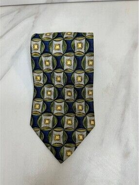 Mulberry blue green yellow cream geometric 100% Italian silk tie made in USA